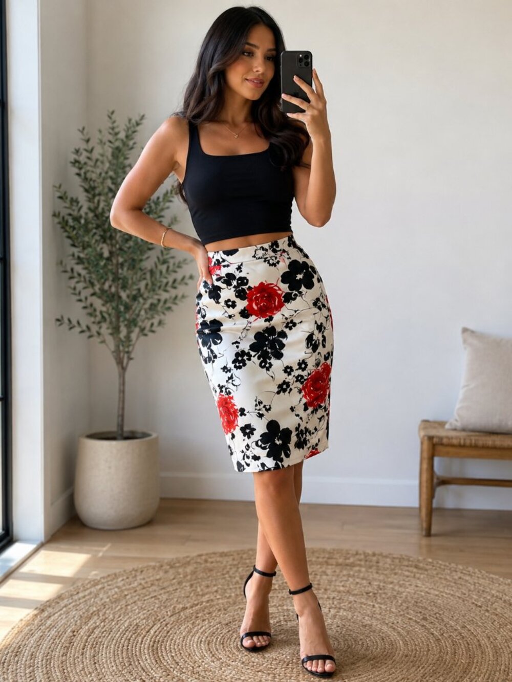 Grace Karin Floral Pencil Skirt Sz Small NWT White Red Rose Black Floral Midi S